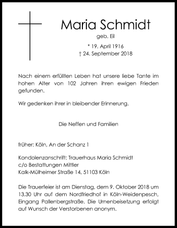 Anzeige von Maria Schmidt von Kölner Stadt-Anzeiger / Kölnische Rundschau / Express