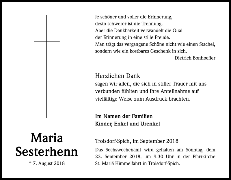  Traueranzeige für Maria Sesterhenn vom 15.09.2018 aus Kölner Stadt-Anzeiger / Kölnische Rundschau / Express