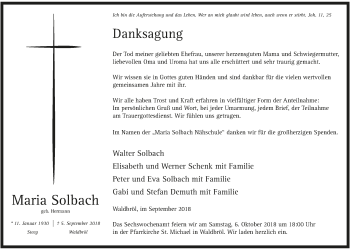 Anzeige von Maria Solbach von  Lokalanzeiger 