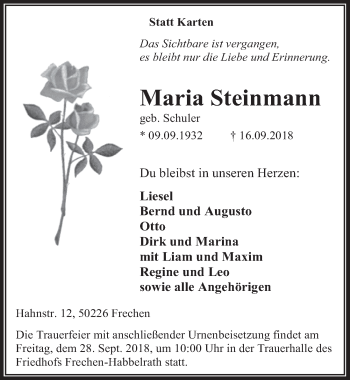 Anzeige von Maria Steinmann von  Wochenende 