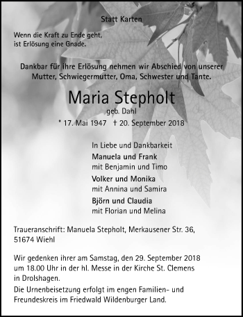 Anzeige von Maria Stepholt von  Anzeigen Echo 