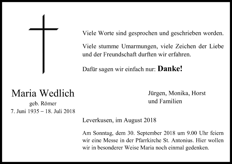  Traueranzeige für Maria Wedlich vom 22.09.2018 aus Kölner Stadt-Anzeiger / Kölnische Rundschau / Express
