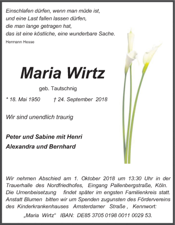 Anzeige von Maria Wirtz von Kölner Stadt-Anzeiger / Kölnische Rundschau / Express