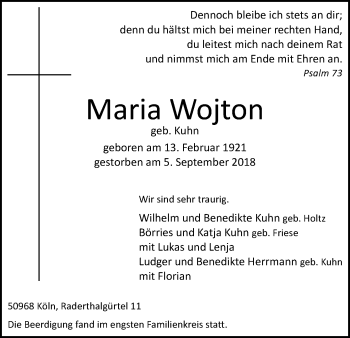 Anzeige von Maria Wojton von Kölner Stadt-Anzeiger / Kölnische Rundschau / Express