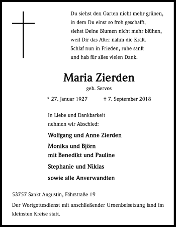 Anzeige von Maria Zierden von Kölner Stadt-Anzeiger / Kölnische Rundschau / Express