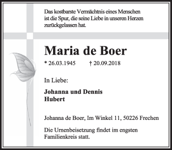 Anzeige von Maria de Boer von  Sonntags-Post 