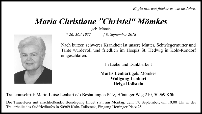  Traueranzeige für Maria Christiane Mömkes vom 14.09.2018 aus Kölner Stadt-Anzeiger / Kölnische Rundschau / Express