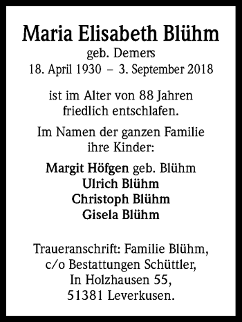 Anzeige von Maria Elisabeth Blühm von Kölner Stadt-Anzeiger / Kölnische Rundschau / Express