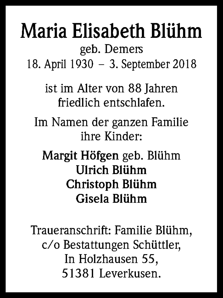  Traueranzeige für Maria Elisabeth Blühm vom 22.09.2018 aus Kölner Stadt-Anzeiger / Kölnische Rundschau / Express