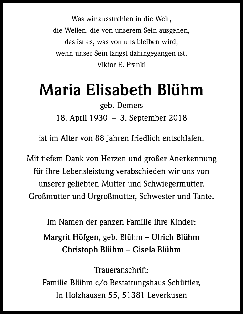  Traueranzeige für Maria Elisabeth Blühm vom 22.09.2018 aus Kölner Stadt-Anzeiger / Kölnische Rundschau / Express