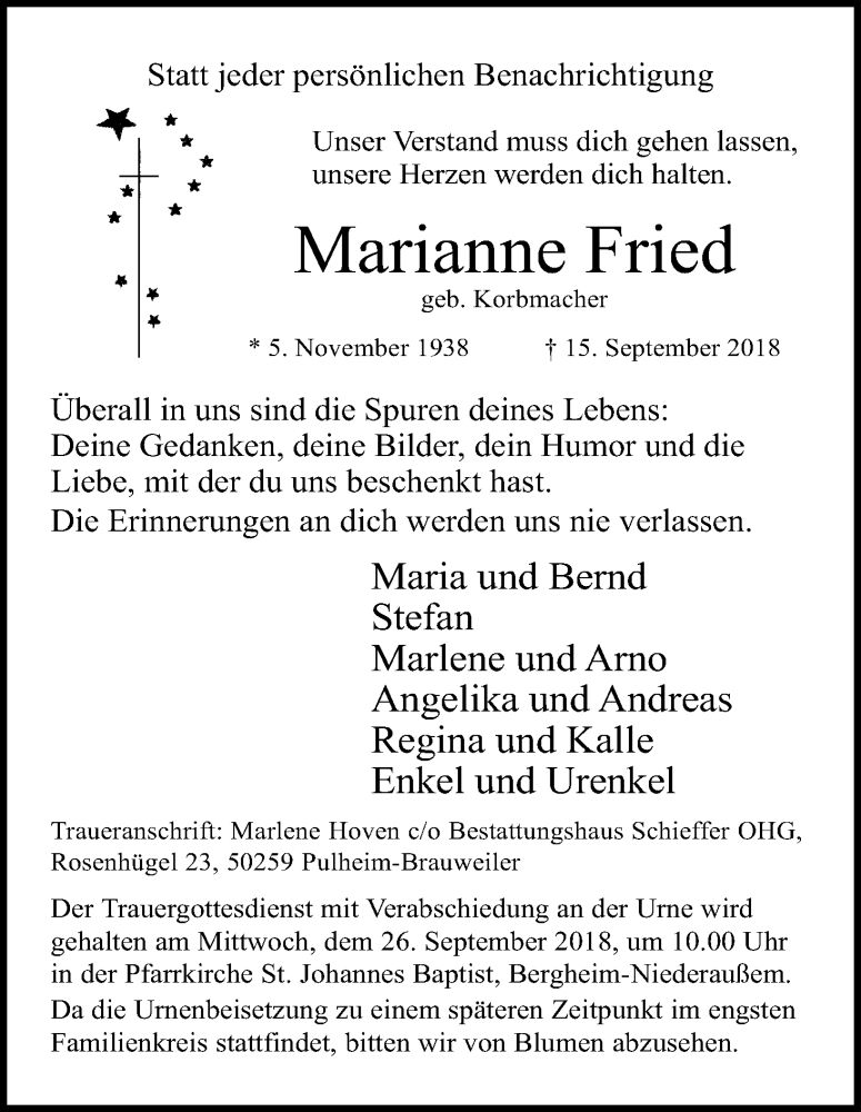  Traueranzeige für Marianne Fried vom 19.09.2018 aus Kölner Stadt-Anzeiger / Kölnische Rundschau / Express