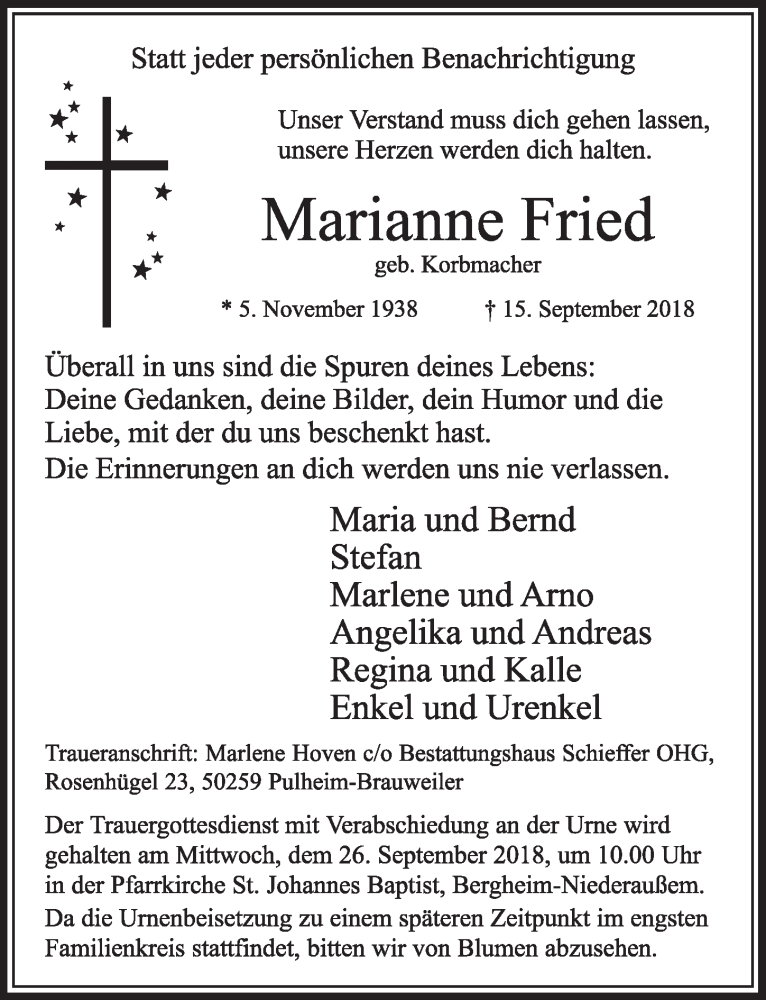  Traueranzeige für Marianne Fried vom 22.09.2018 aus  Sonntags-Post 