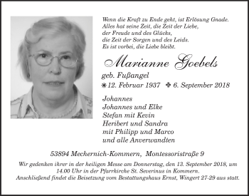 Anzeige von Marianne Goebels von  Blickpunkt Euskirchen 