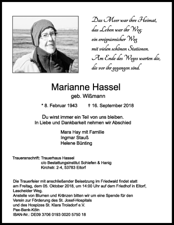 Anzeige von Marianne Hassel von Kölner Stadt-Anzeiger / Kölnische Rundschau / Express