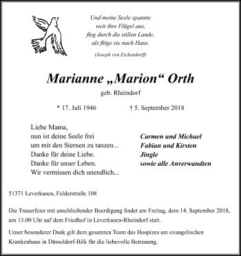 Anzeige von Marianne Orth von Kölner Stadt-Anzeiger / Kölnische Rundschau / Express