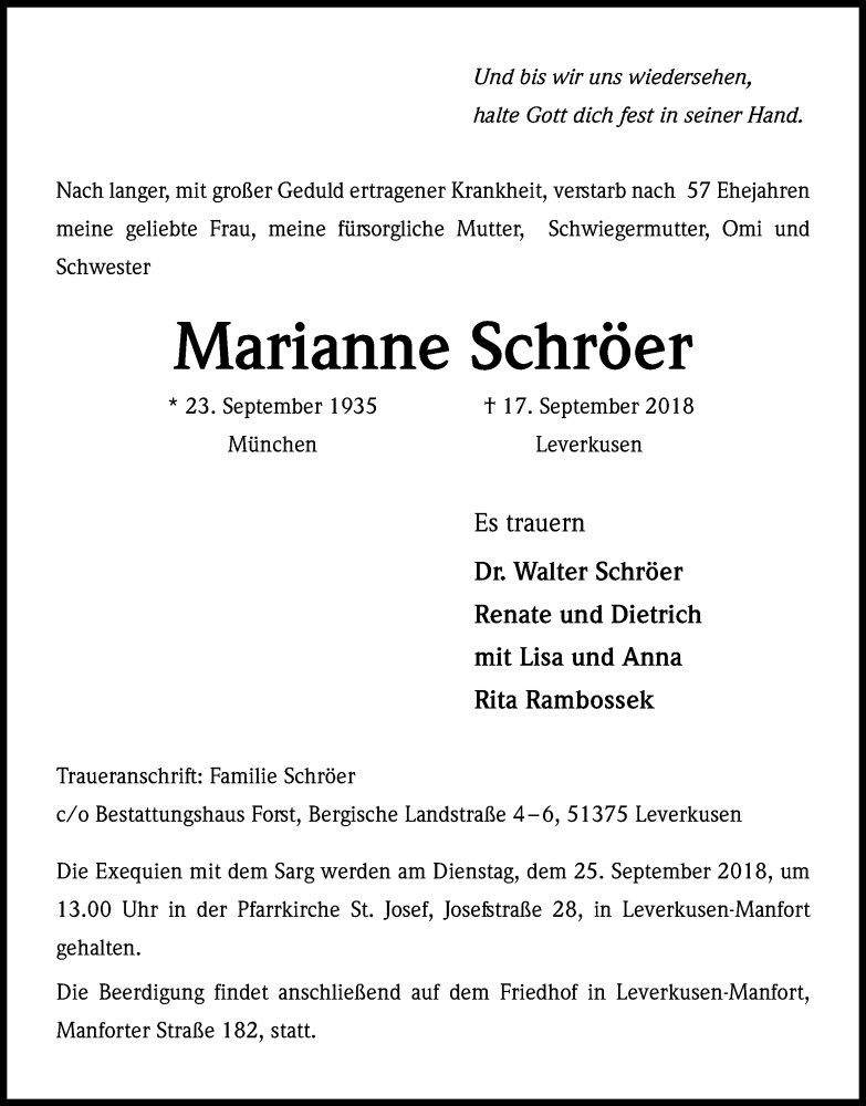  Traueranzeige für Marianne Schröer vom 21.09.2018 aus Kölner Stadt-Anzeiger / Kölnische Rundschau / Express