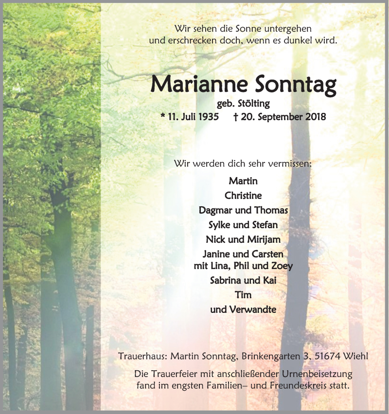  Traueranzeige für Marianne Sonntag vom 29.09.2018 aus Kölner Stadt-Anzeiger / Kölnische Rundschau / Express