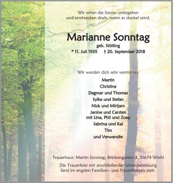 Anzeige von Marianne Sonntag von Kölner Stadt-Anzeiger / Kölnische Rundschau / Express