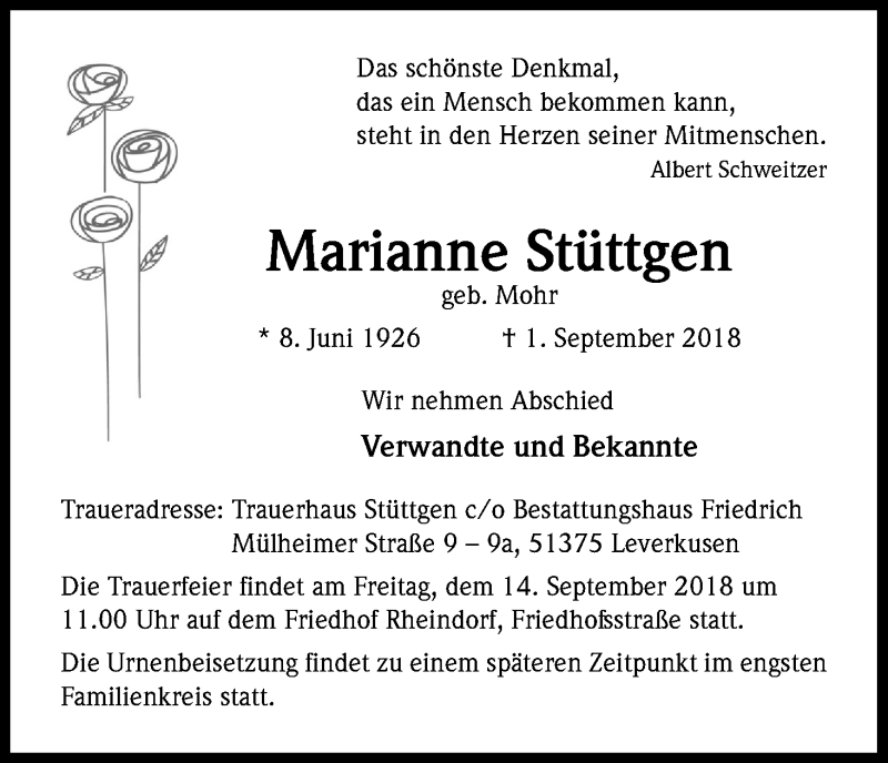  Traueranzeige für Marianne Stüttgen vom 08.09.2018 aus Kölner Stadt-Anzeiger / Kölnische Rundschau / Express