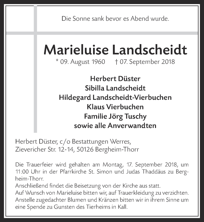  Traueranzeige für Marieluise Landscheidt vom 12.09.2018 aus  Werbepost 