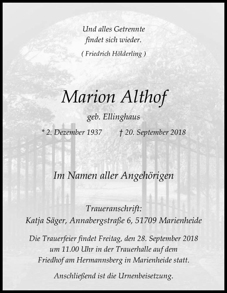  Traueranzeige für Marion Althof vom 22.09.2018 aus Kölner Stadt-Anzeiger / Kölnische Rundschau / Express