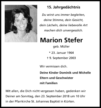 Anzeige von Marion Stefer von Kölner Stadt-Anzeiger / Kölnische Rundschau / Express