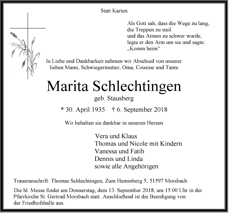  Traueranzeige für Marita Schlechtingen vom 12.09.2018 aus  Lokalanzeiger 