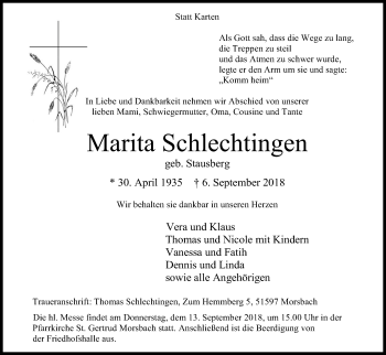 Anzeige von Marita Schlechtingen von Kölner Stadt-Anzeiger / Kölnische Rundschau / Express
