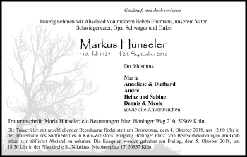 Anzeige von Markus Hünseler von Kölner Stadt-Anzeiger / Kölnische Rundschau / Express