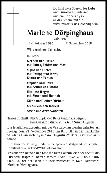 Anzeige von Marlene Dörpinghaus von Kölner Stadt-Anzeiger / Kölnische Rundschau / Express