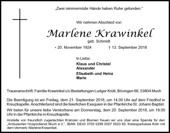 Anzeige von Marlene Krawinkel von Kölner Stadt-Anzeiger / Kölnische Rundschau / Express