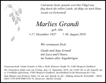 Anzeige von Marlies Grandi von Kölner Stadt-Anzeiger / Kölnische Rundschau / Express
