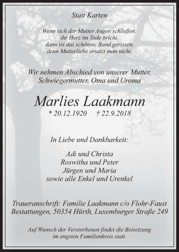 Anzeige von Marlies Laakmann von  Wochenende 