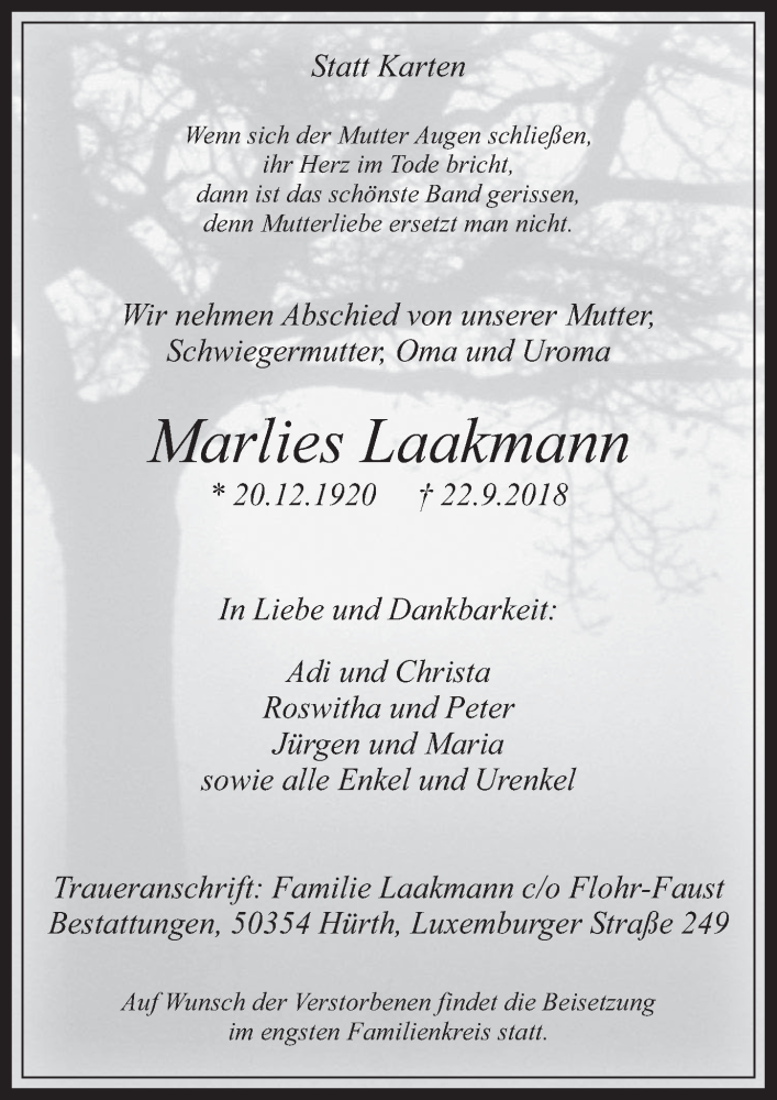  Traueranzeige für Marlies Laakmann vom 26.09.2018 aus  Wochenende 