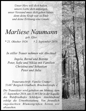 Anzeige von Marliese Naumann von Kölner Stadt-Anzeiger / Kölnische Rundschau / Express