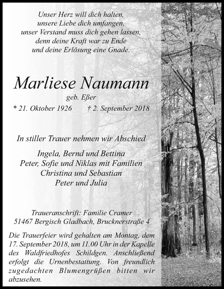  Traueranzeige für Marliese Naumann vom 12.09.2018 aus Kölner Stadt-Anzeiger / Kölnische Rundschau / Express