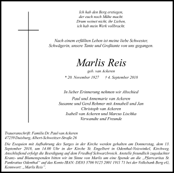 Anzeige von Marlis Reis von Kölner Stadt-Anzeiger / Kölnische Rundschau / Express
