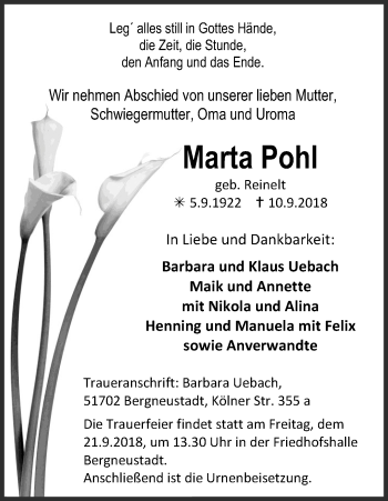 Anzeige von Marta Pohl von Kölner Stadt-Anzeiger / Kölnische Rundschau / Express