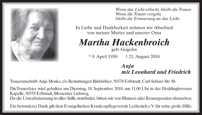  Traueranzeige für Martha Hackenbroich vom 12.09.2018 aus  Werbepost 