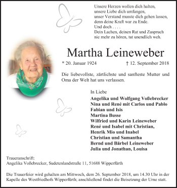 Anzeige von Martha Leineweber von Kölner Stadt-Anzeiger / Kölnische Rundschau / Express