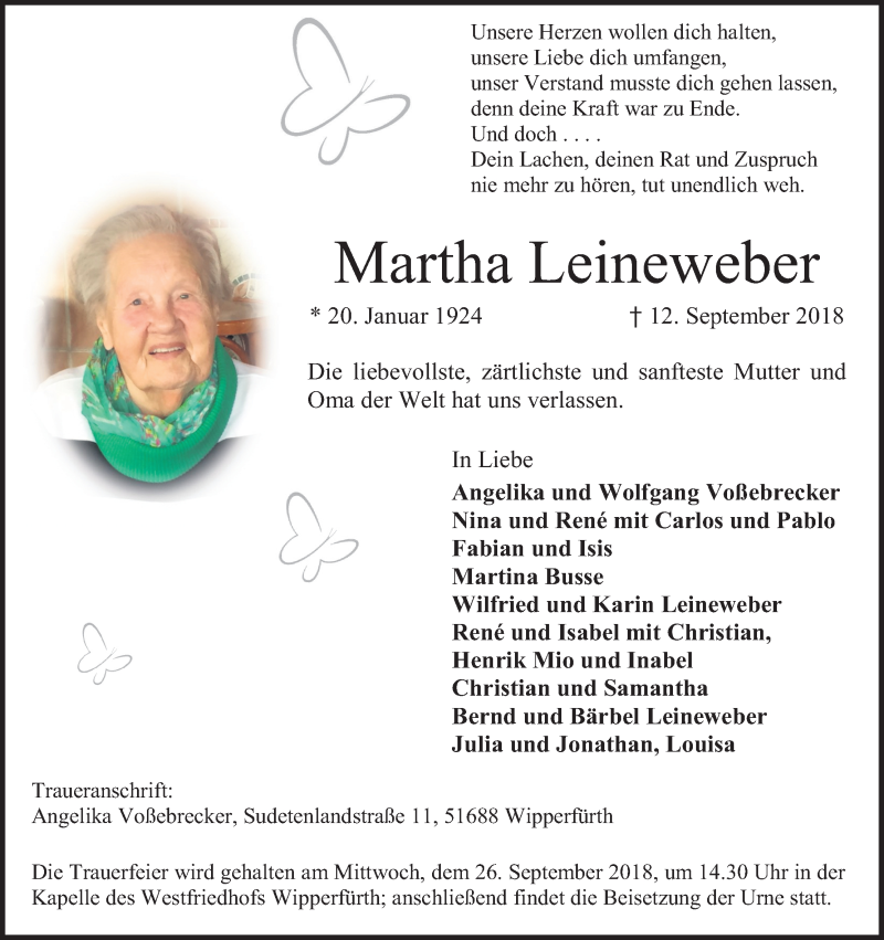  Traueranzeige für Martha Leineweber vom 15.09.2018 aus Kölner Stadt-Anzeiger / Kölnische Rundschau / Express