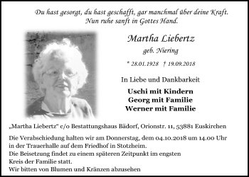 Anzeige von Martha Liebertz von  Blickpunkt Euskirchen 