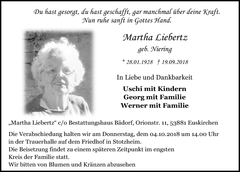 Traueranzeige für Martha Liebertz vom 29.09.2018 aus  Blickpunkt Euskirchen 