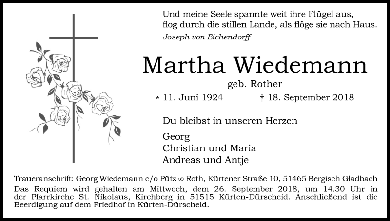  Traueranzeige für Martha Wiedemann vom 22.09.2018 aus Kölner Stadt-Anzeiger / Kölnische Rundschau / Express