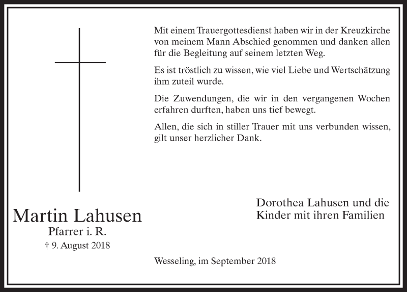  Traueranzeige für Martin Lahusen vom 19.09.2018 aus  Schlossbote/Werbekurier 