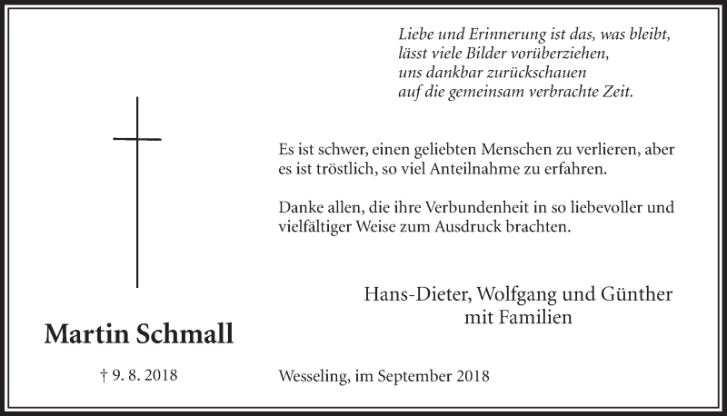  Traueranzeige für Martin Schmall vom 26.09.2018 aus  Schlossbote/Werbekurier 