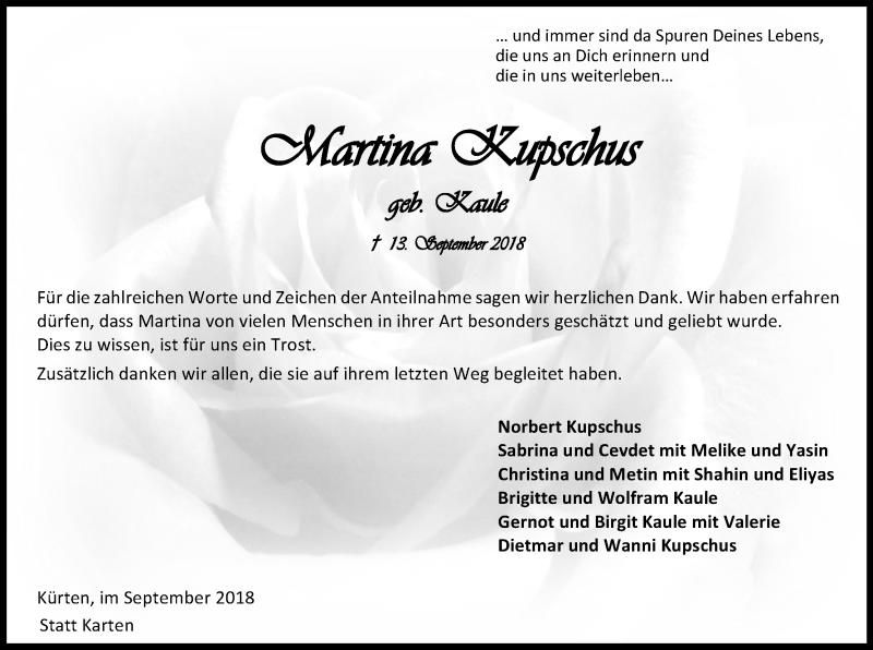  Traueranzeige für Martina Kupschus vom 29.09.2018 aus Kölner Stadt-Anzeiger / Kölnische Rundschau / Express