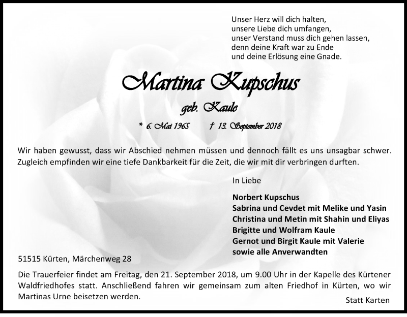  Traueranzeige für Martina Kupschus vom 18.09.2018 aus Kölner Stadt-Anzeiger / Kölnische Rundschau / Express