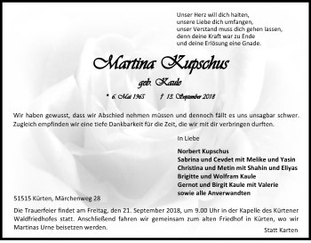 Anzeige von Martina Kupschus von Kölner Stadt-Anzeiger / Kölnische Rundschau / Express