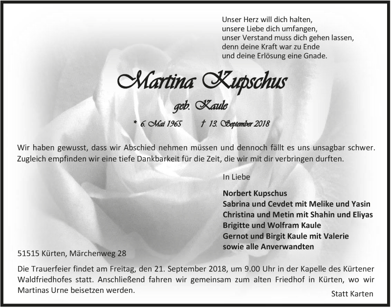  Traueranzeige für Martina Kupschus vom 19.09.2018 aus  Bergisches Handelsblatt 